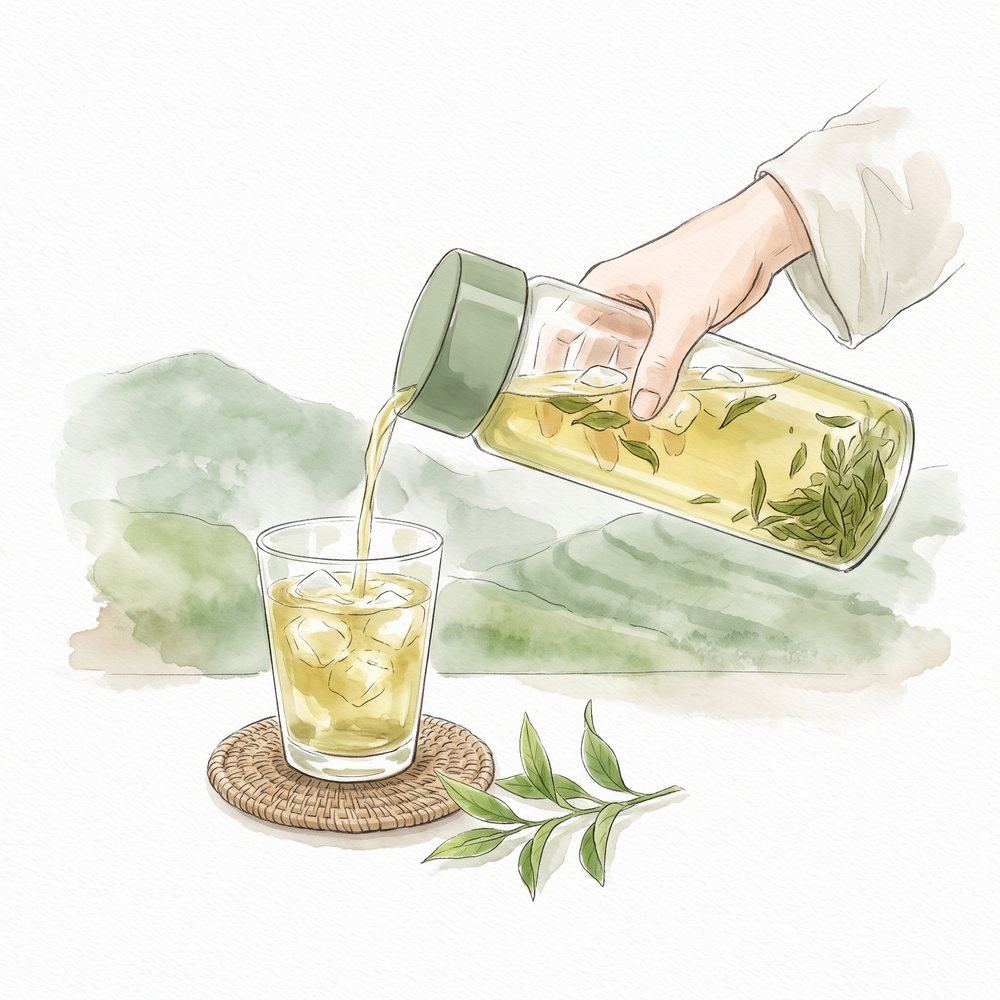 Rót trà lạnh từ chai thuỷ tinh ra ly đá