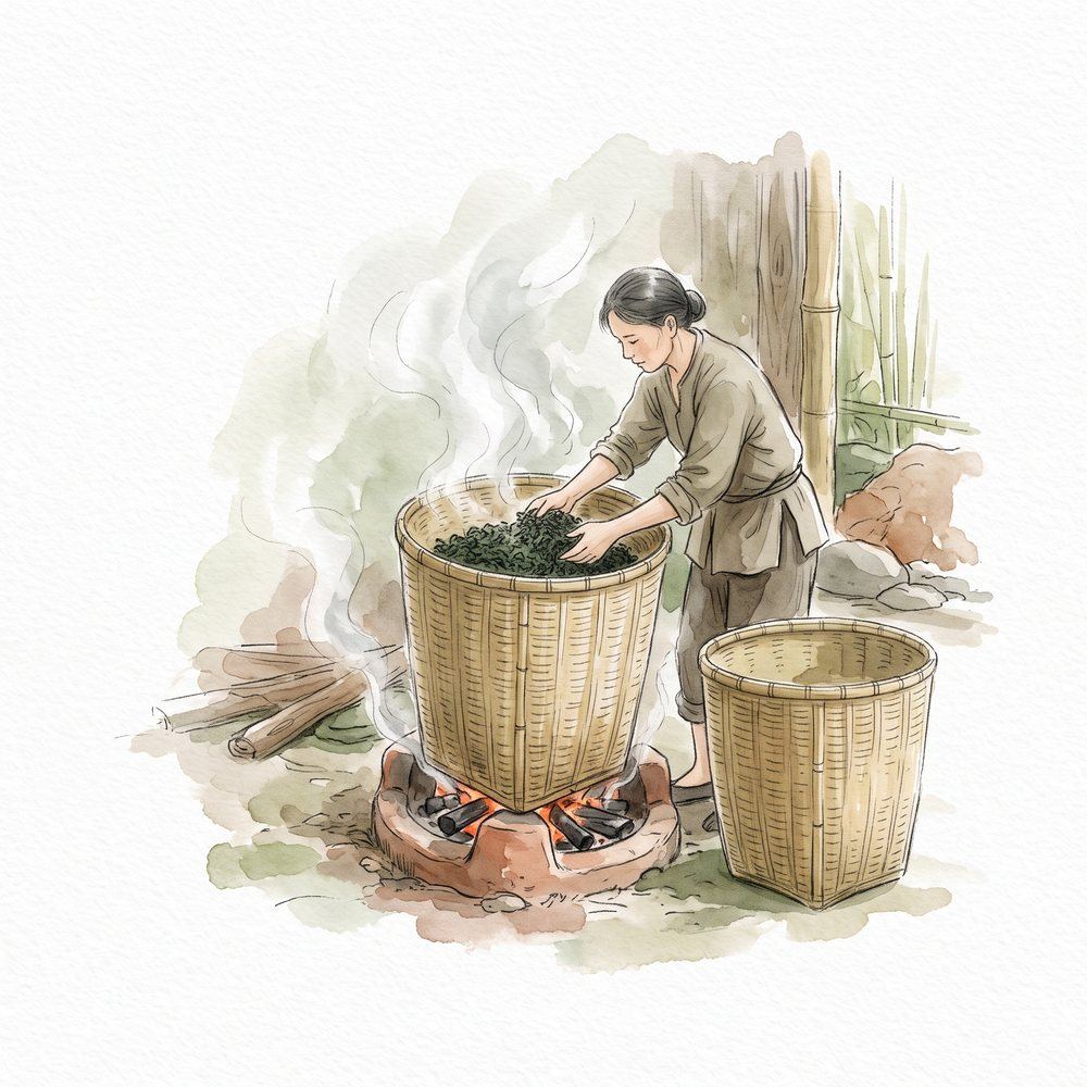Hấp trà trong chõ tre trước khi ép bánh