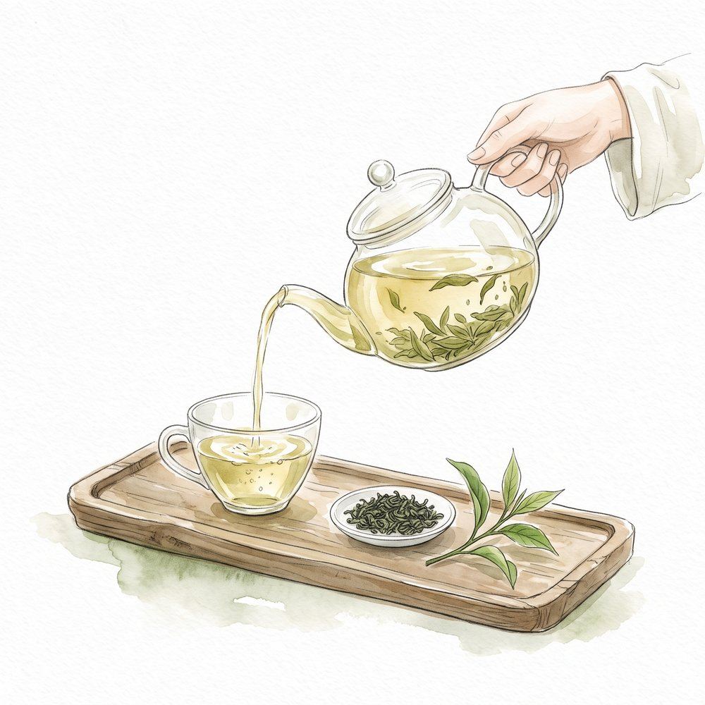 Rót trà từ ấm thuỷ tinh vào chén
