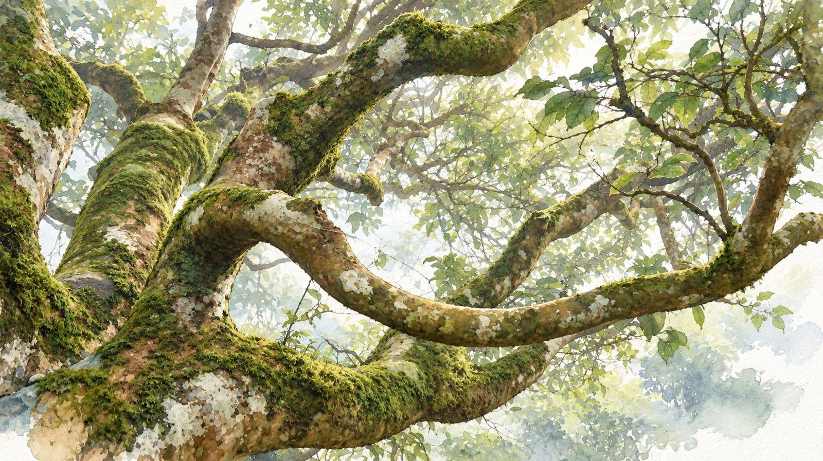 Tranh màu nước cây chè Shan tuyết cổ thụ trên sườn núi mờ sương